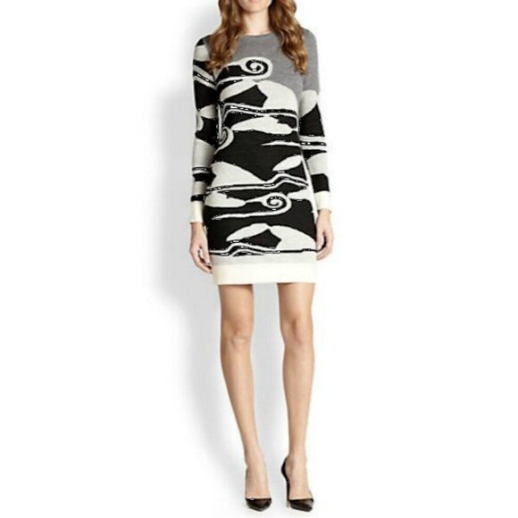 DVF Diane von Furstenberg Berlin Printed 100% Wool Sweater Mini Dress - Picture 1 of 10